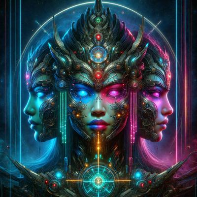 The primary subject of the image is a close-up of a woman's face, with three faces visible in total. The setting is a futuristic, digital art environment, featuring a colorful and vibrant background. The visual style is a combination of photo and digital art, creating a unique and intricate illustration. The colors and mood of the image are predominantly pink, blue, and purple, giving it a dreamy and surreal atmosphere.